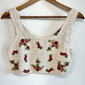 Zara cream crochet knit bra top with red florals